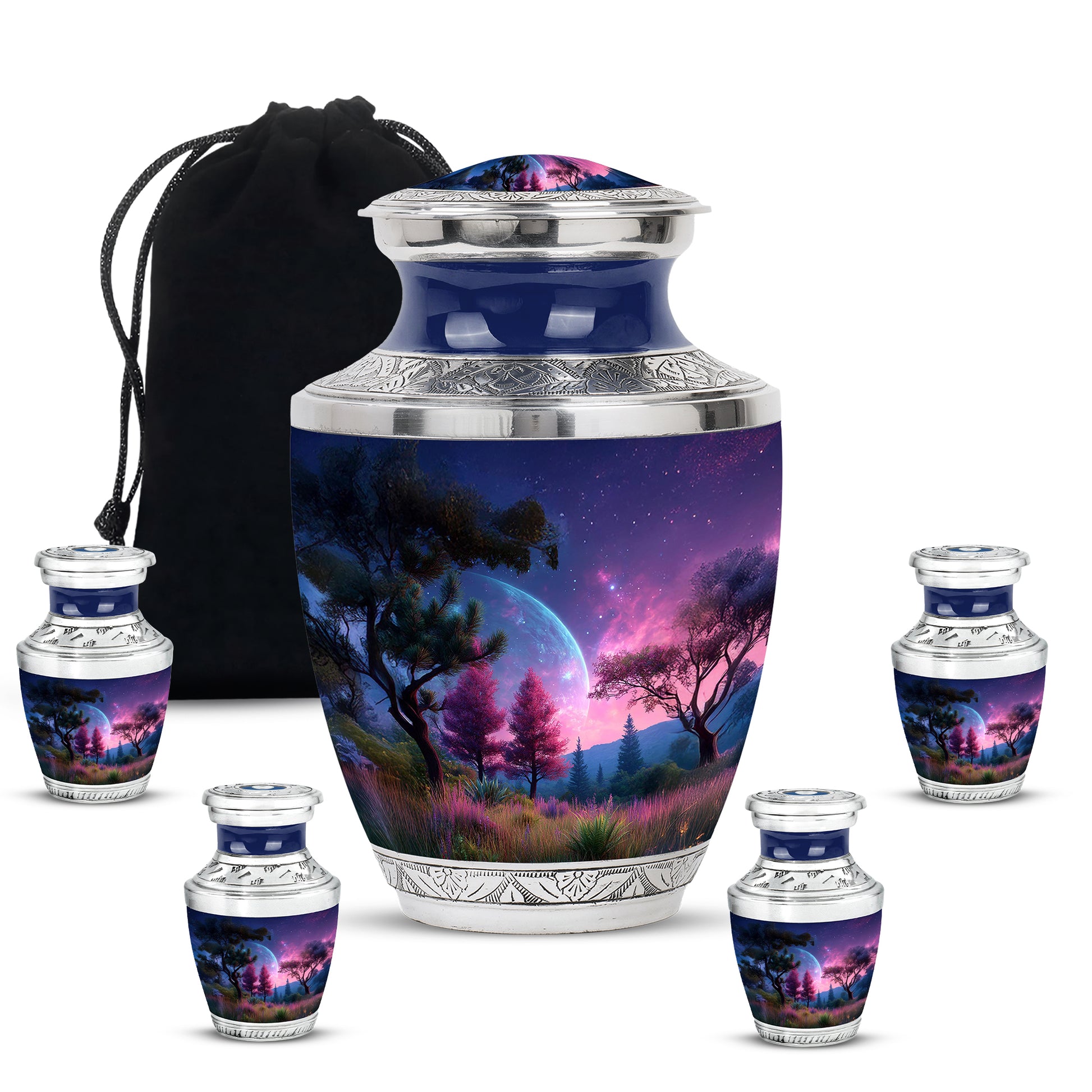 Pastel Blue Galaxy Cremation Urn lifestyle display on memorial shelf - contemporary galaxy design with modern artistic flair - memorial set with one large and four small urns