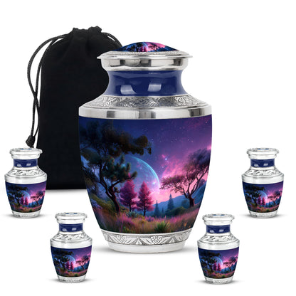 Pastel Blue Galaxy Cremation Urn lifestyle display on memorial shelf - contemporary galaxy design with modern artistic flair - memorial set with one large and four small urns