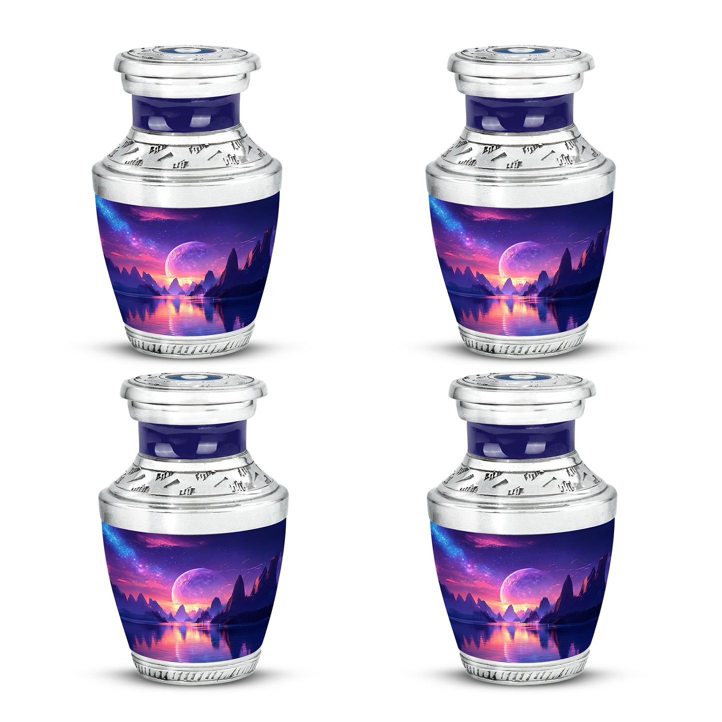 Serene Blue Galaxy Cremation Urn back view with polished surface - artistic galaxy interpretation with creative detail - 10 inch aluminum urn for cremated remains