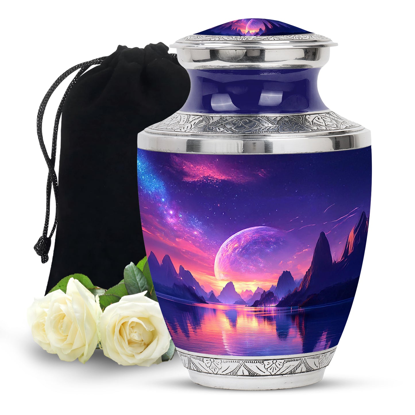 Misty Blue Galaxy Cremation Urn side profile showing urn shape - modern art-inspired galaxy motif on sleek aluminum - full-size 10 inch 200 cubic inch adult cremation urn