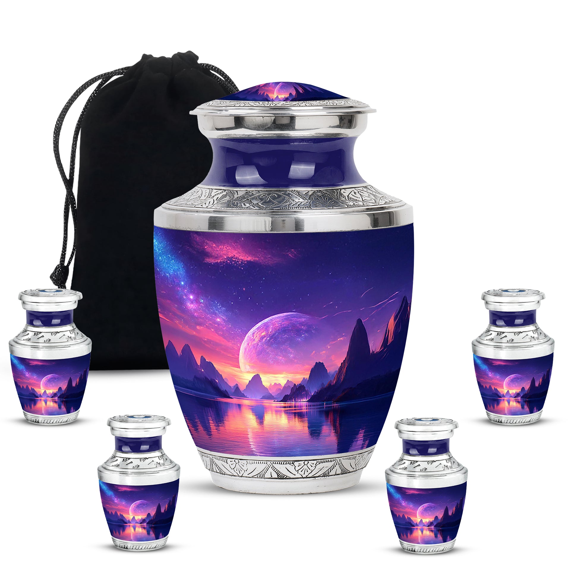 Cornflower Blue Galaxy Cremation Urn lifestyle display on memorial shelf - artistic galaxy interpretation with creative detail - memorial set with one large and four small urns