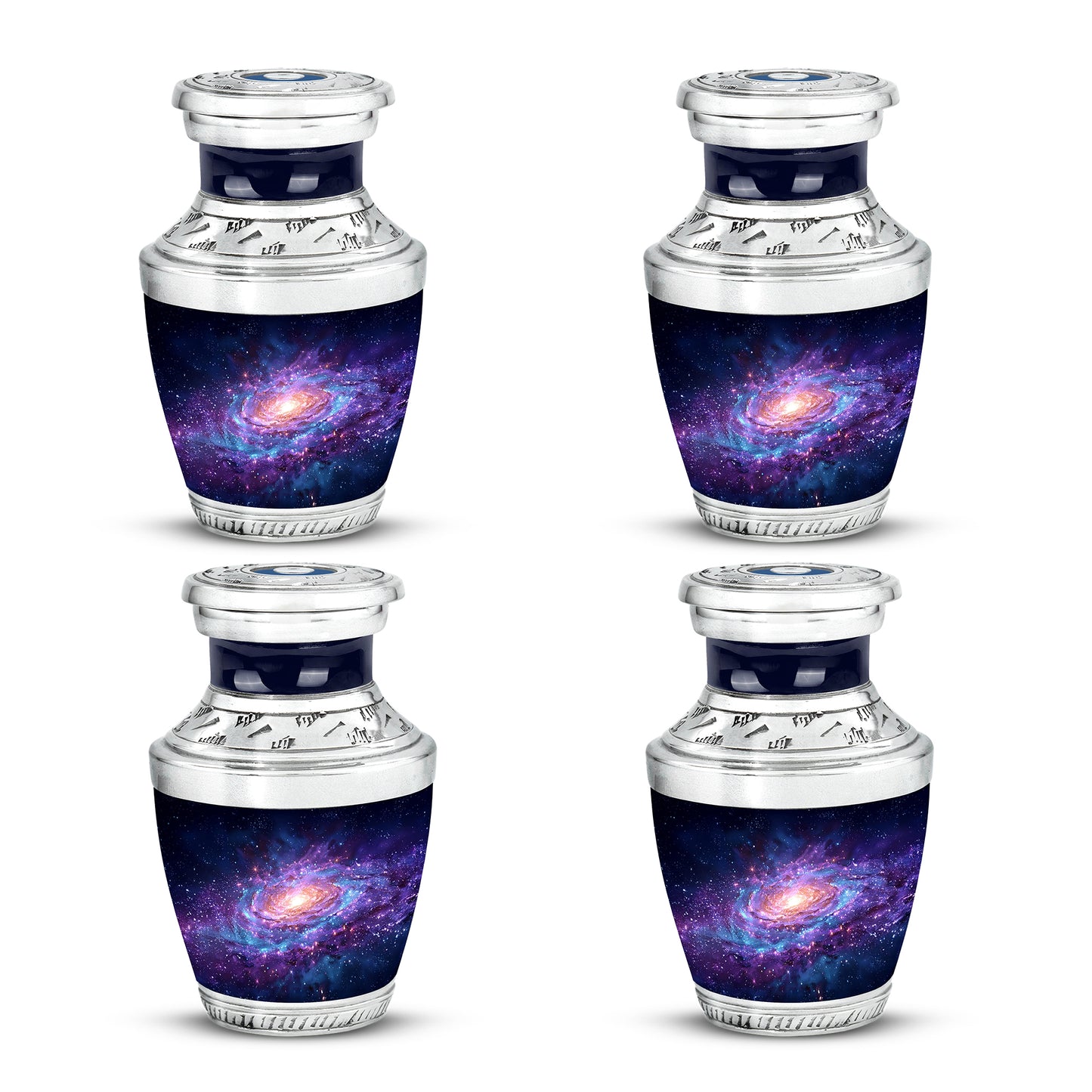 Indigo Galaxy Cremation Urn back view with polished surface - contemporary galaxy design with modern artistic flair - 10 inch aluminum urn for cremated remains