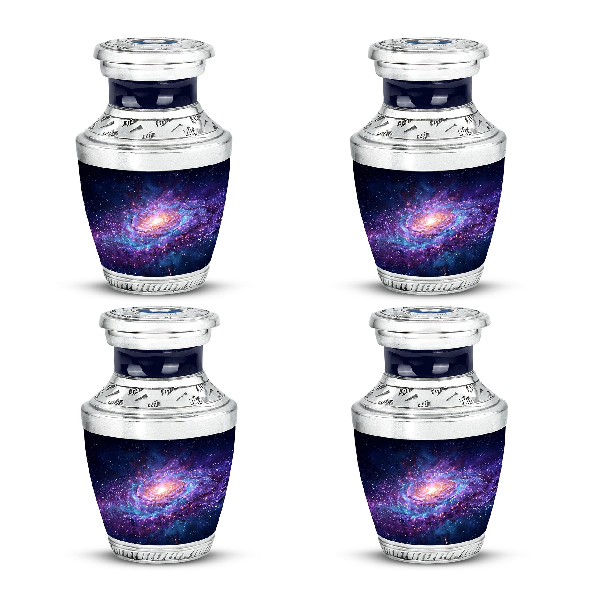 Indigo Galaxy Cremation Urn back view with polished surface - contemporary galaxy design with modern artistic flair - 10 inch aluminum urn for cremated remains