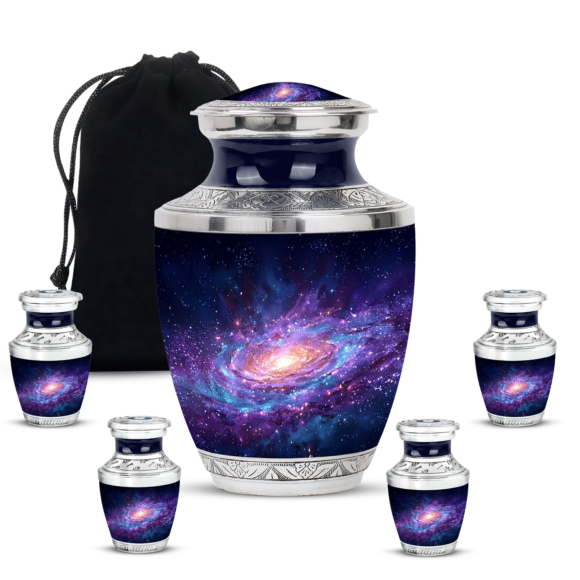 Indigo Galaxy Cremation Urn lifestyle display on memorial shelf - modern art-inspired galaxy motif on sleek aluminum - memorial set with one large and four small urns