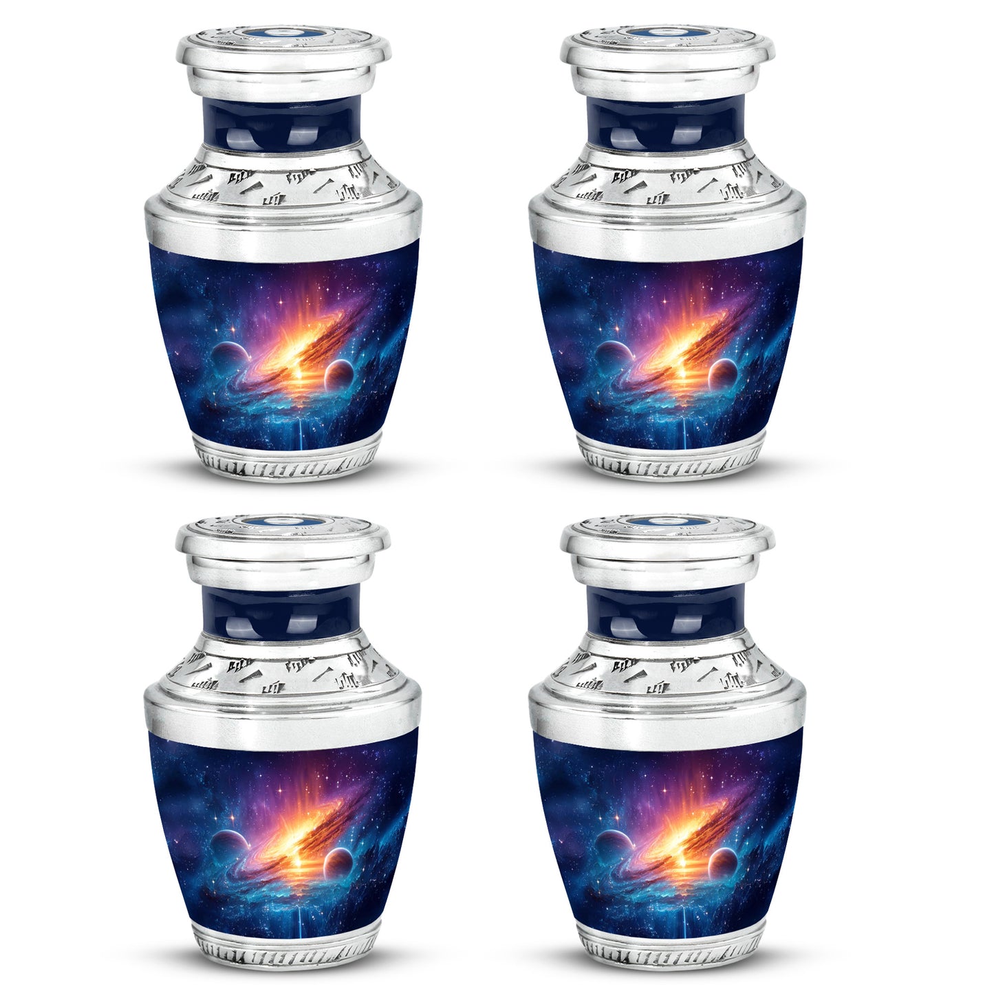 Bright Blue Galaxy Cremation Urn back view with polished surface - artistic galaxy interpretation with creative detail - 10 inch aluminum urn for cremated remains