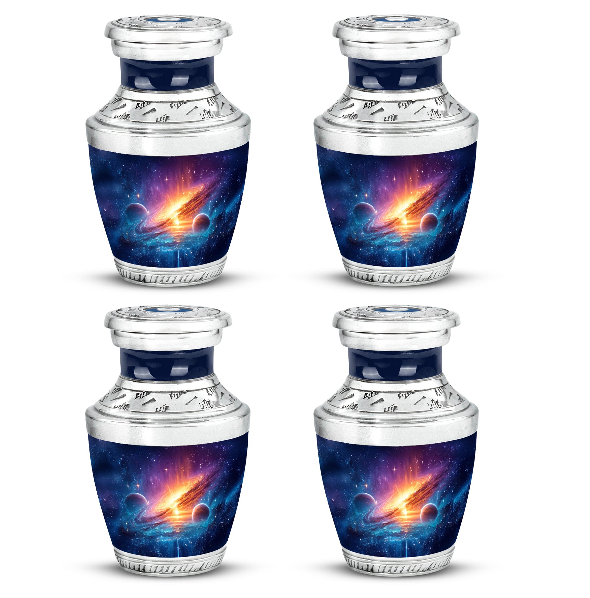 Bright Blue Galaxy Cremation Urn back view with polished surface - artistic galaxy interpretation with creative detail - 10 inch aluminum urn for cremated remains