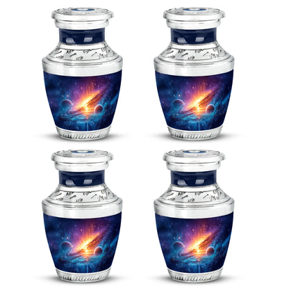 Bright Blue Galaxy Cremation Urn back view with polished surface - artistic galaxy interpretation with creative detail - 10 inch aluminum urn for cremated remains