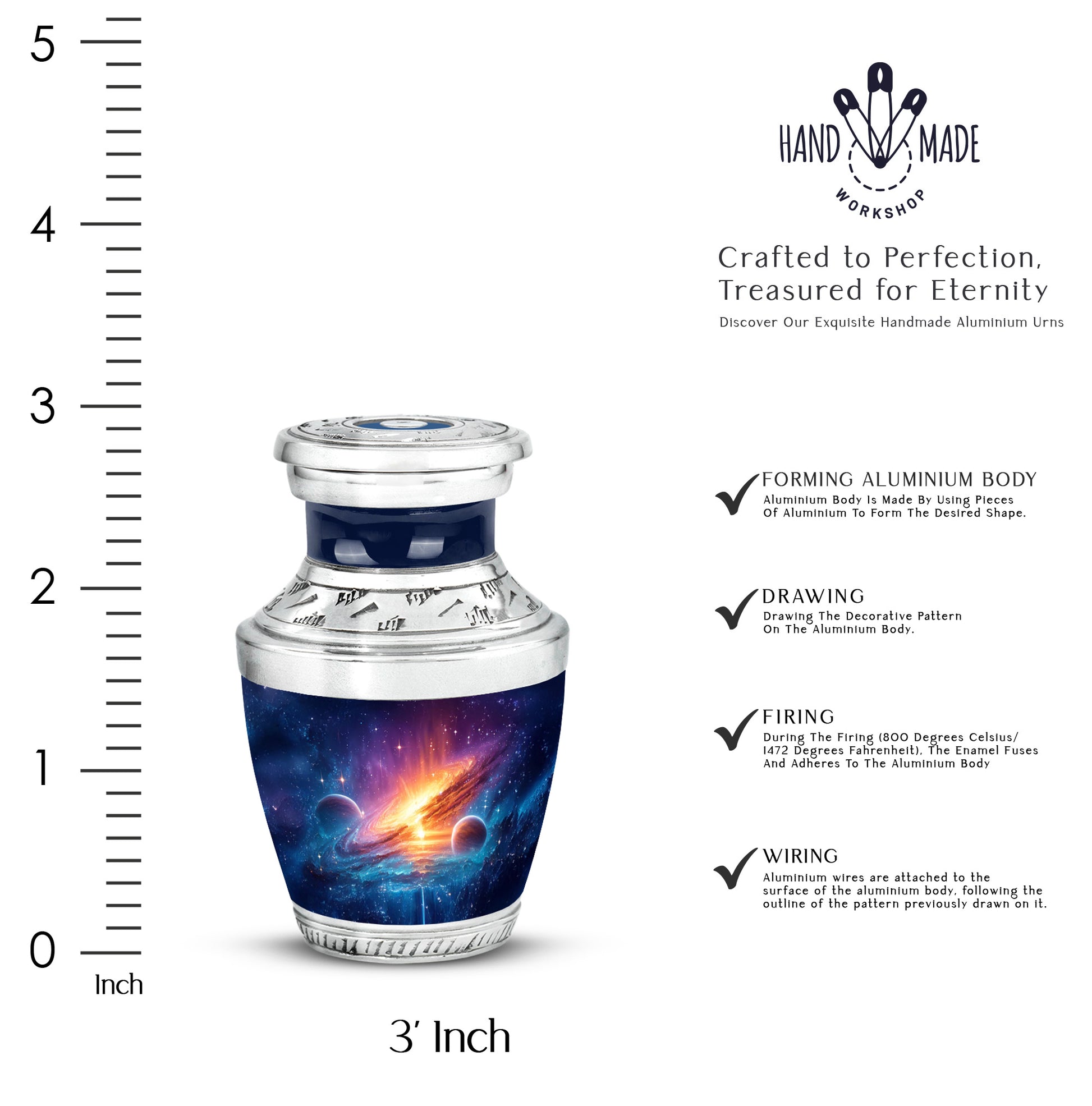 Twilight Blue Galaxy Cremation Urn top-down view of secure threaded lid - stylized abstract galaxy pattern with bold lines - mini keepsake memorial for portion of cremation ashes
