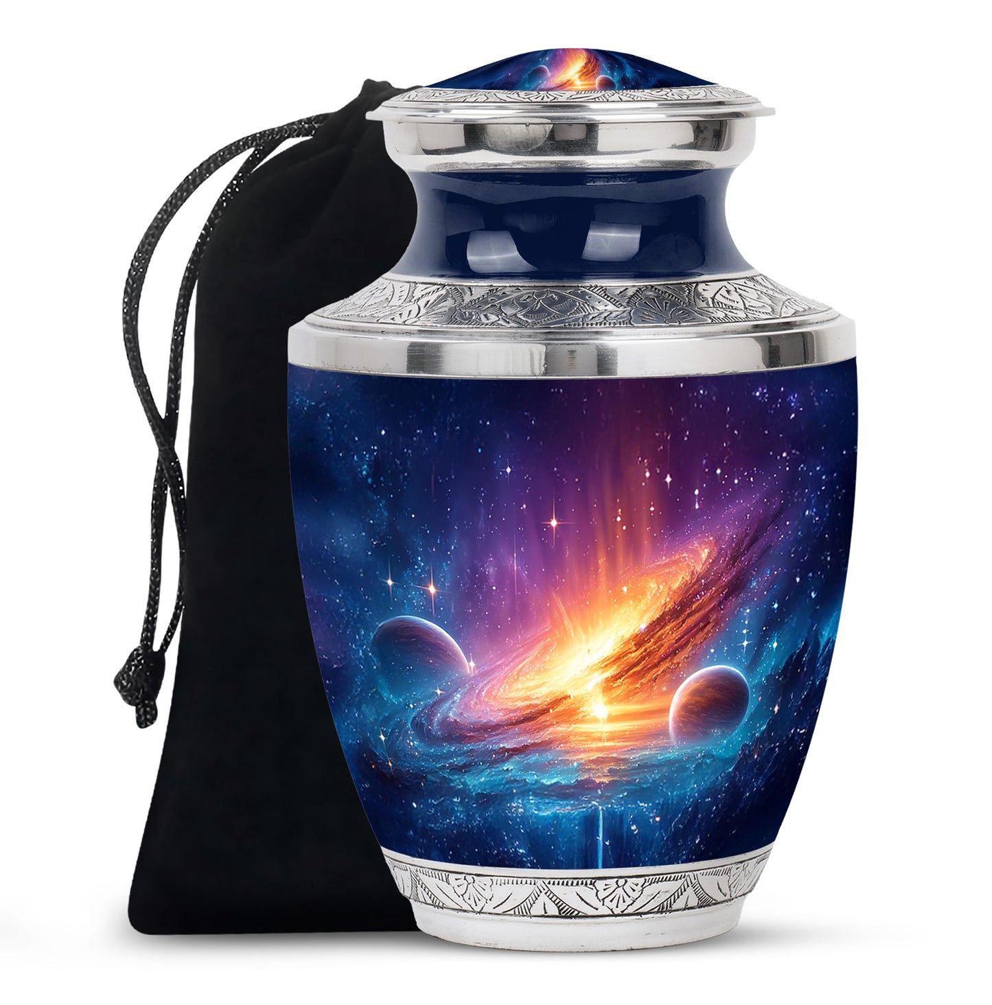 Calming Blue Galaxy Cremation Urn side profile showing urn shape - artistic galaxy interpretation with creative detail - full-size 10 inch 200 cubic inch adult cremation urn