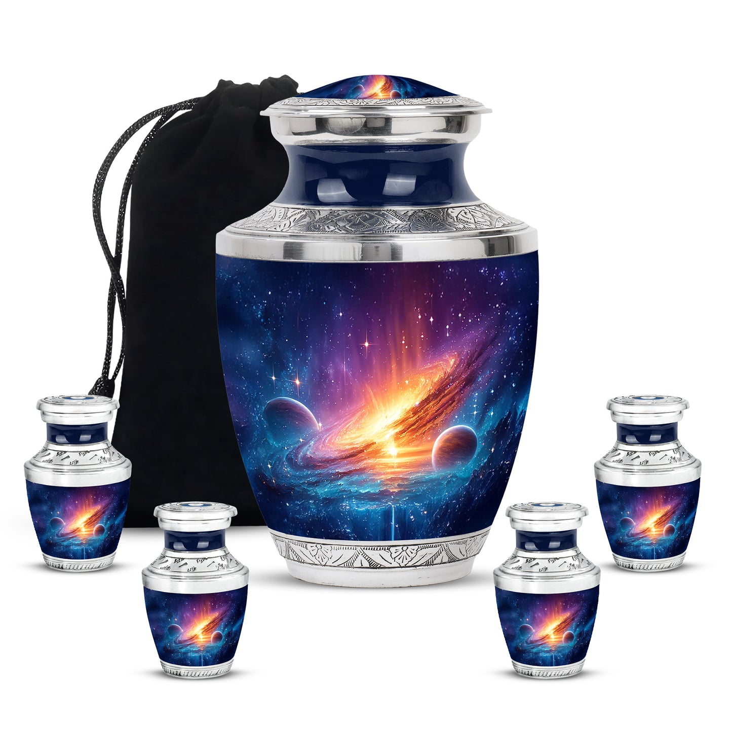Twilight Blue Galaxy Cremation Urn lifestyle display on memorial shelf - stylized abstract galaxy pattern with bold lines - memorial set with one large and four small urns
