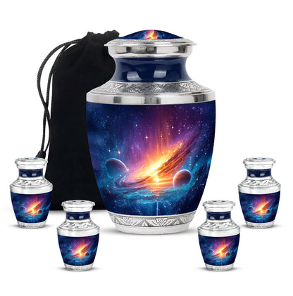 Twilight Blue Galaxy Cremation Urn lifestyle display on memorial shelf - stylized abstract galaxy pattern with bold lines - memorial set with one large and four small urns