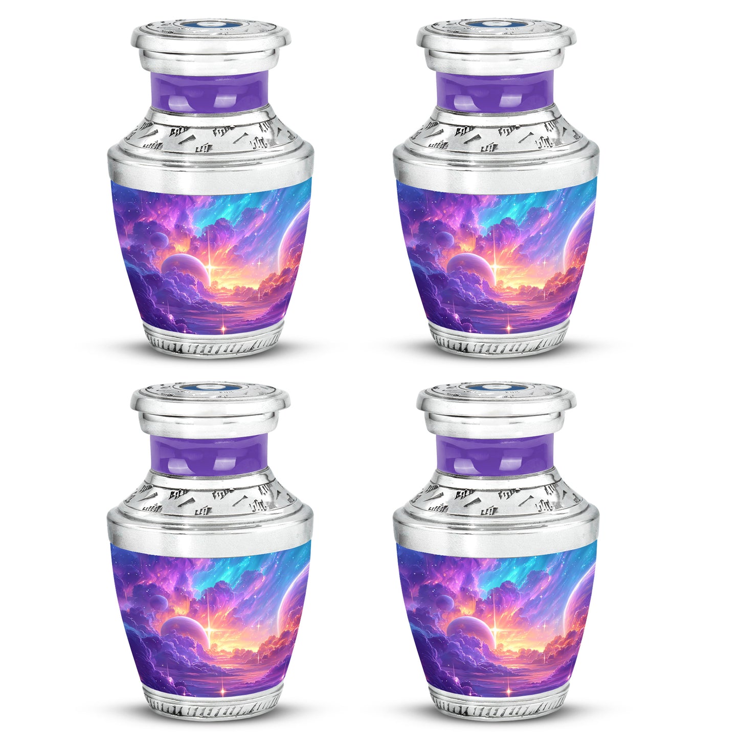 Plum Purple Galaxy Cremation Urn back view with polished surface - contemporary galaxy design with modern artistic flair - 10 inch aluminum urn for cremated remains