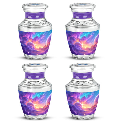 Plum Purple Galaxy Cremation Urn back view with polished surface - contemporary galaxy design with modern artistic flair - 10 inch aluminum urn for cremated remains