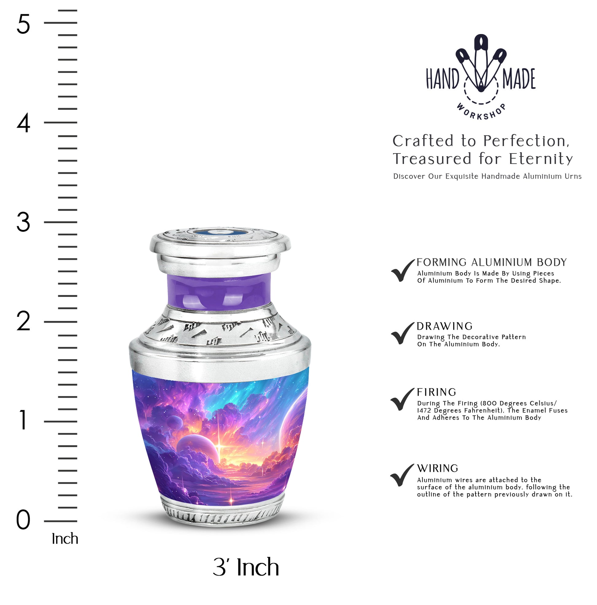 Amethyst Purple Galaxy Cremation Urn top-down view of secure threaded lid - modern art-inspired galaxy motif on sleek aluminum - mini keepsake memorial for portion of cremation ashes