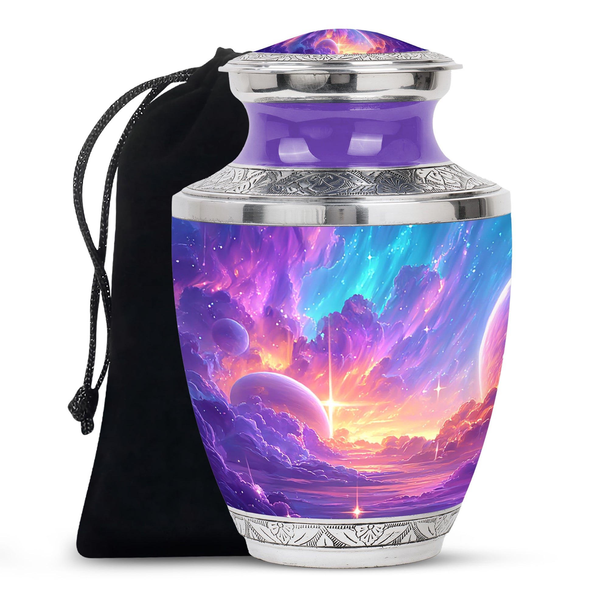 Grape Purple Galaxy Cremation Urn side profile showing urn shape - stylized abstract galaxy pattern with bold lines - full-size 10 inch 200 cubic inch adult cremation urn
