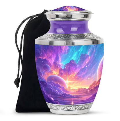 Grape Purple Galaxy Cremation Urn side profile showing urn shape - stylized abstract galaxy pattern with bold lines - full-size 10 inch 200 cubic inch adult cremation urn