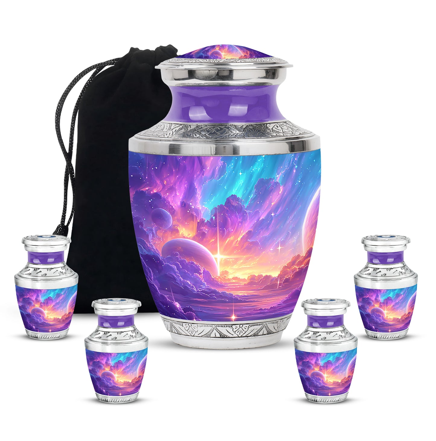 Orchid Purple Galaxy Cremation Urn lifestyle display on memorial shelf - contemporary galaxy design with modern artistic flair - memorial set with one large and four small urns