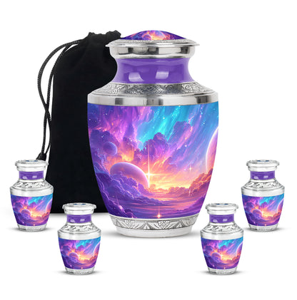 Orchid Purple Galaxy Cremation Urn lifestyle display on memorial shelf - contemporary galaxy design with modern artistic flair - memorial set with one large and four small urns