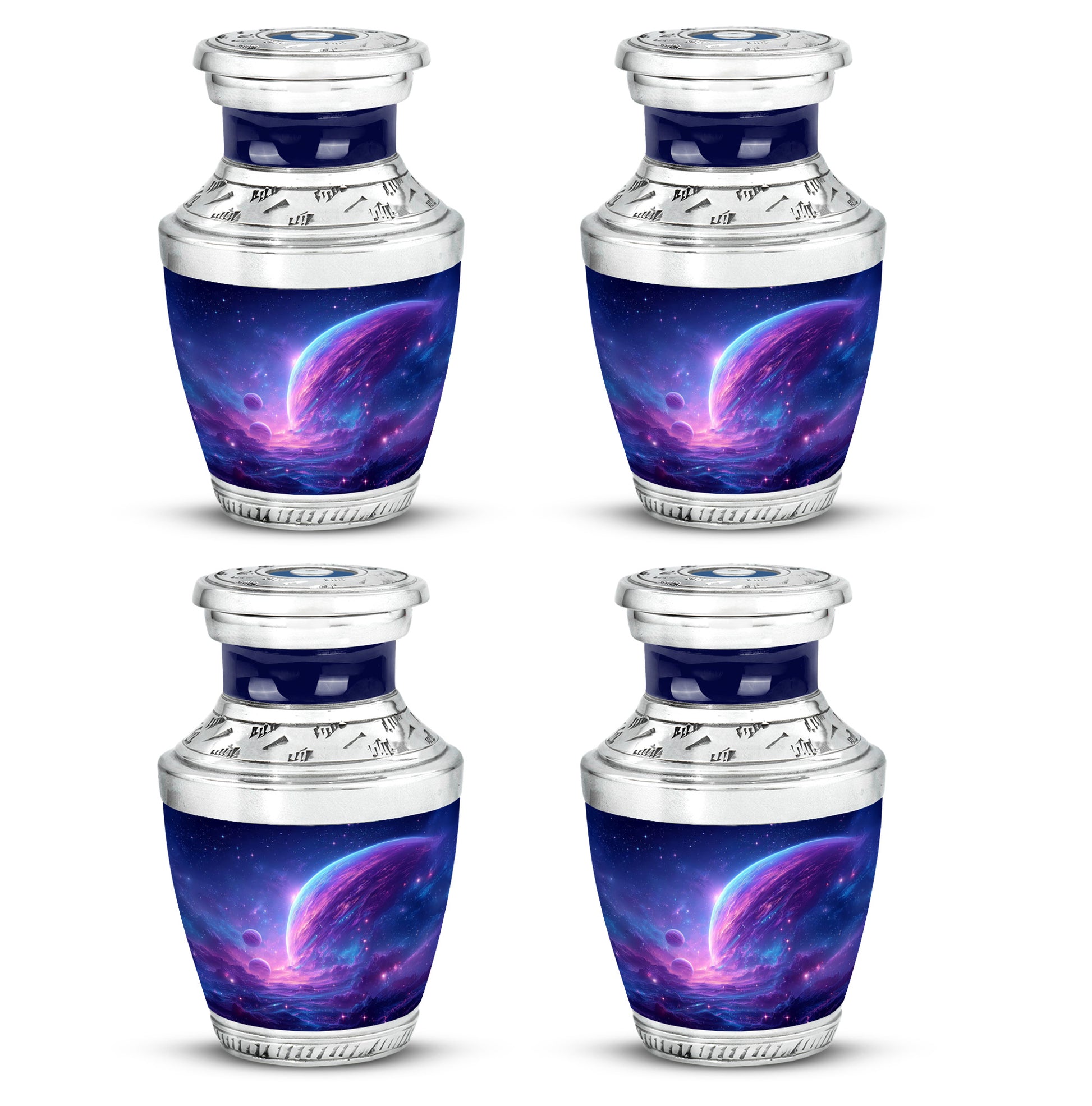 Celestial Blue Galaxy Cremation Urn back view with polished surface - modern art-inspired galaxy motif on sleek aluminum - 10 inch aluminum urn for cremated remains