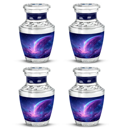 Celestial Blue Galaxy Cremation Urn back view with polished surface - modern art-inspired galaxy motif on sleek aluminum - 10 inch aluminum urn for cremated remains