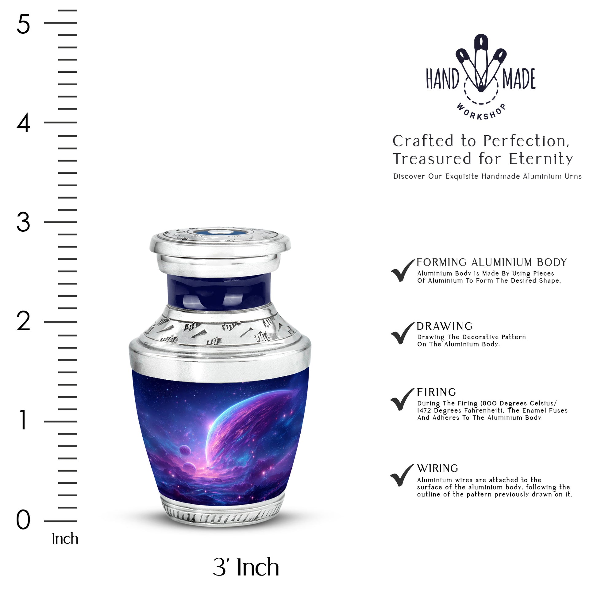 Sky Blue Galaxy Cremation Urn top-down view of secure threaded lid - modern art-inspired galaxy motif on sleek aluminum - mini keepsake memorial for portion of cremation ashes