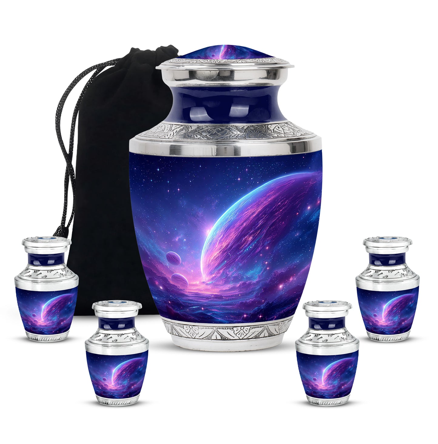 Icy Blue Galaxy Cremation Urn lifestyle display on memorial shelf - modern art-inspired galaxy motif on sleek aluminum - memorial set with one large and four small urns