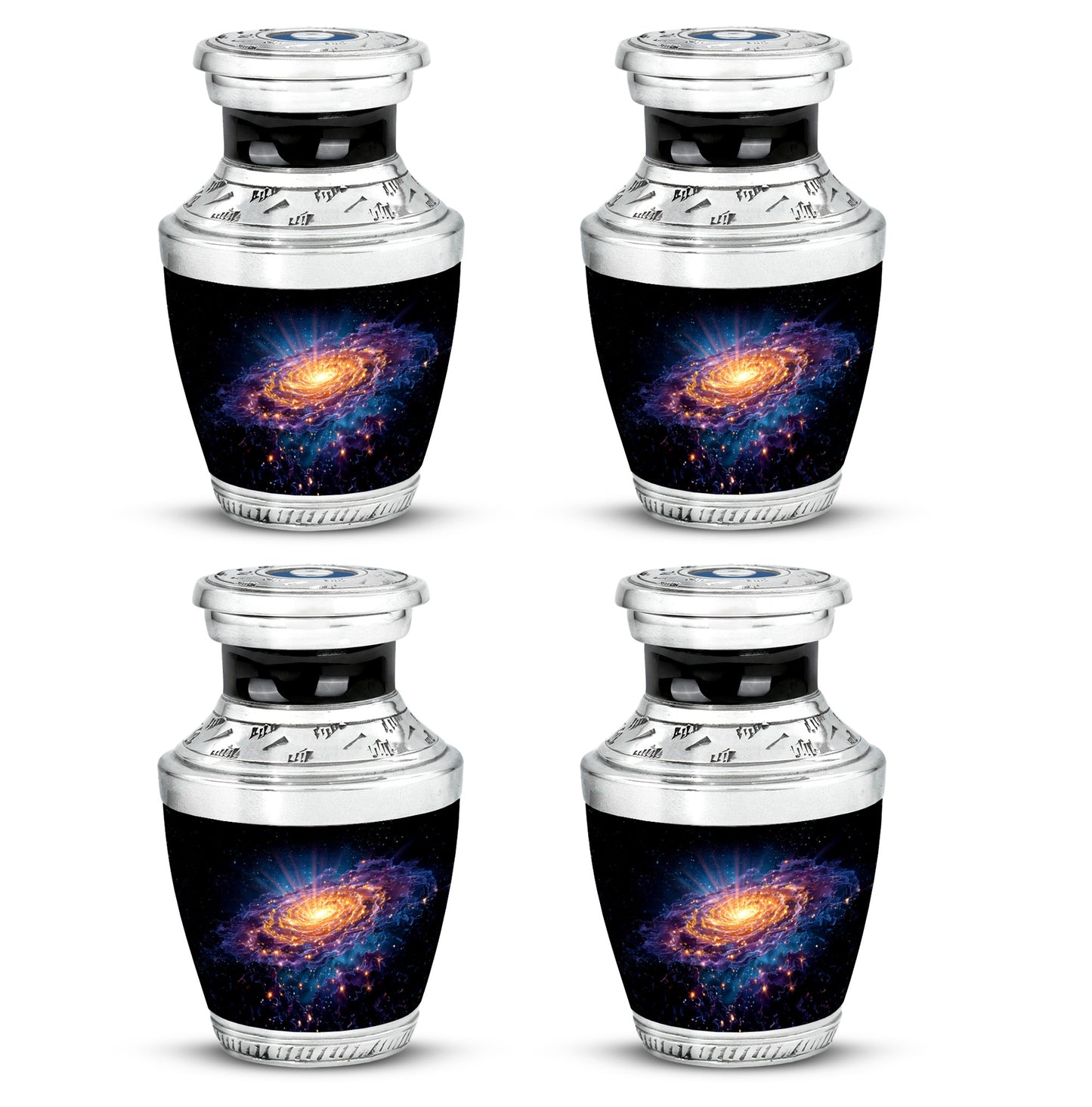 Rich Black Galaxy Cremation Urn back view with polished surface - modern art-inspired galaxy motif on sleek aluminum - 10 inch aluminum urn for cremated remains