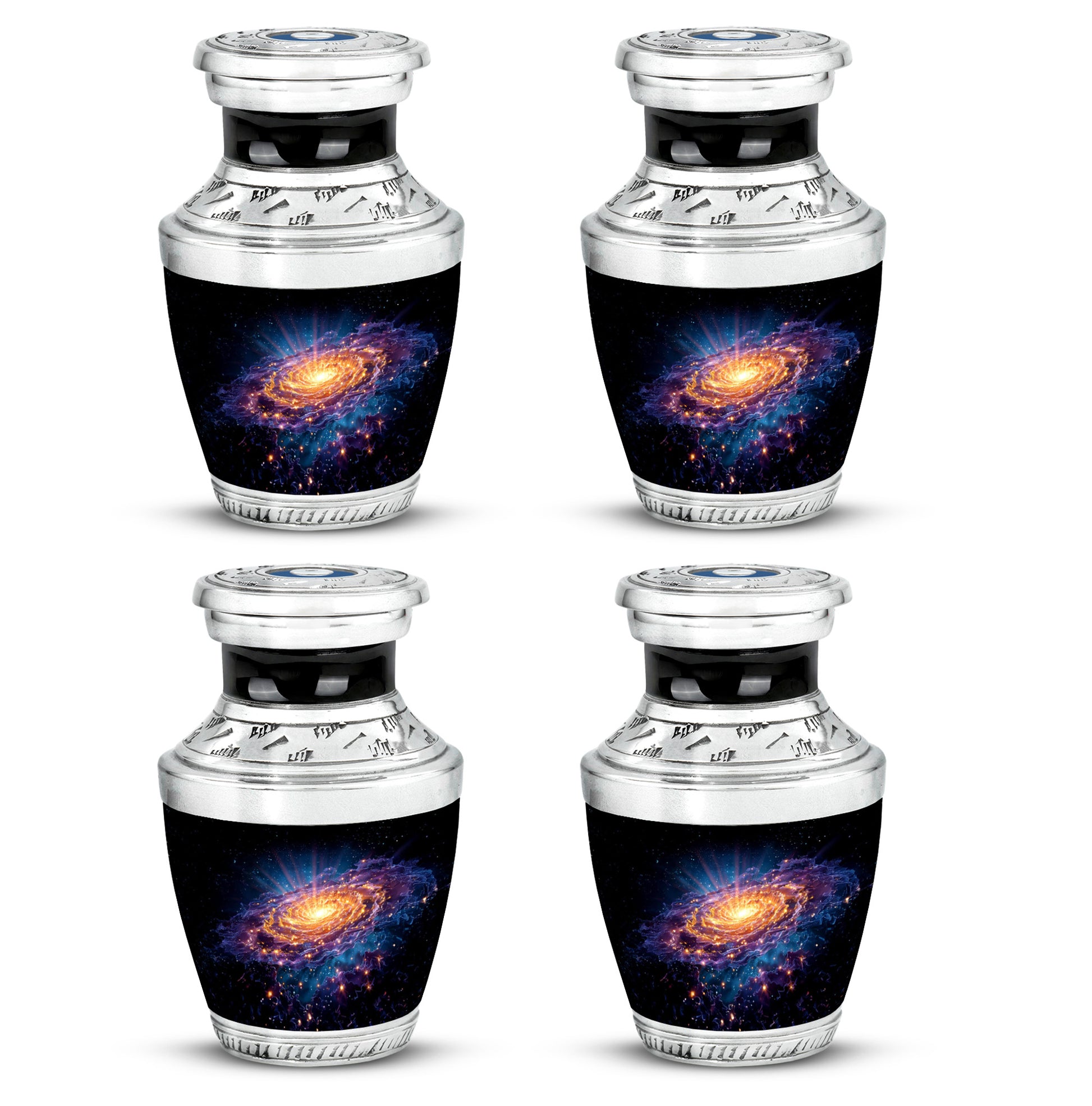 Rich Black Galaxy Cremation Urn back view with polished surface - modern art-inspired galaxy motif on sleek aluminum - 10 inch aluminum urn for cremated remains