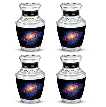 Rich Black Galaxy Cremation Urn back view with polished surface - modern art-inspired galaxy motif on sleek aluminum - 10 inch aluminum urn for cremated remains