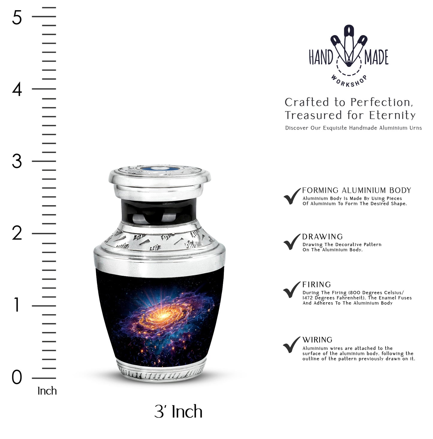 Midnight Black Galaxy Cremation Urn top-down view of secure threaded lid - stylized abstract galaxy pattern with bold lines - mini keepsake memorial for portion of cremation ashes