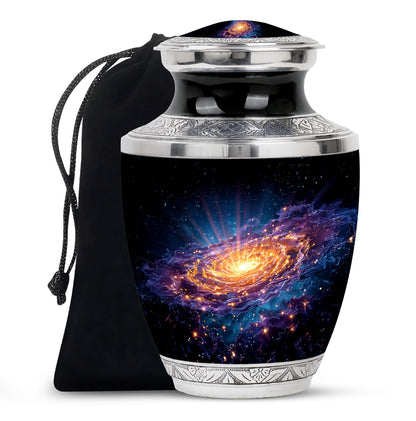 Ebony Galaxy Cremation Urn side profile showing urn shape - contemporary galaxy design with modern artistic flair - full-size 10 inch 200 cubic inch adult cremation urn
