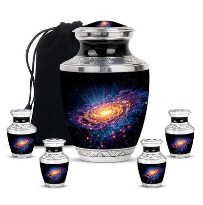 Dark Black Galaxy Cremation Urn lifestyle display on memorial shelf - stylized abstract galaxy pattern with bold lines - memorial set with one large and four small urns