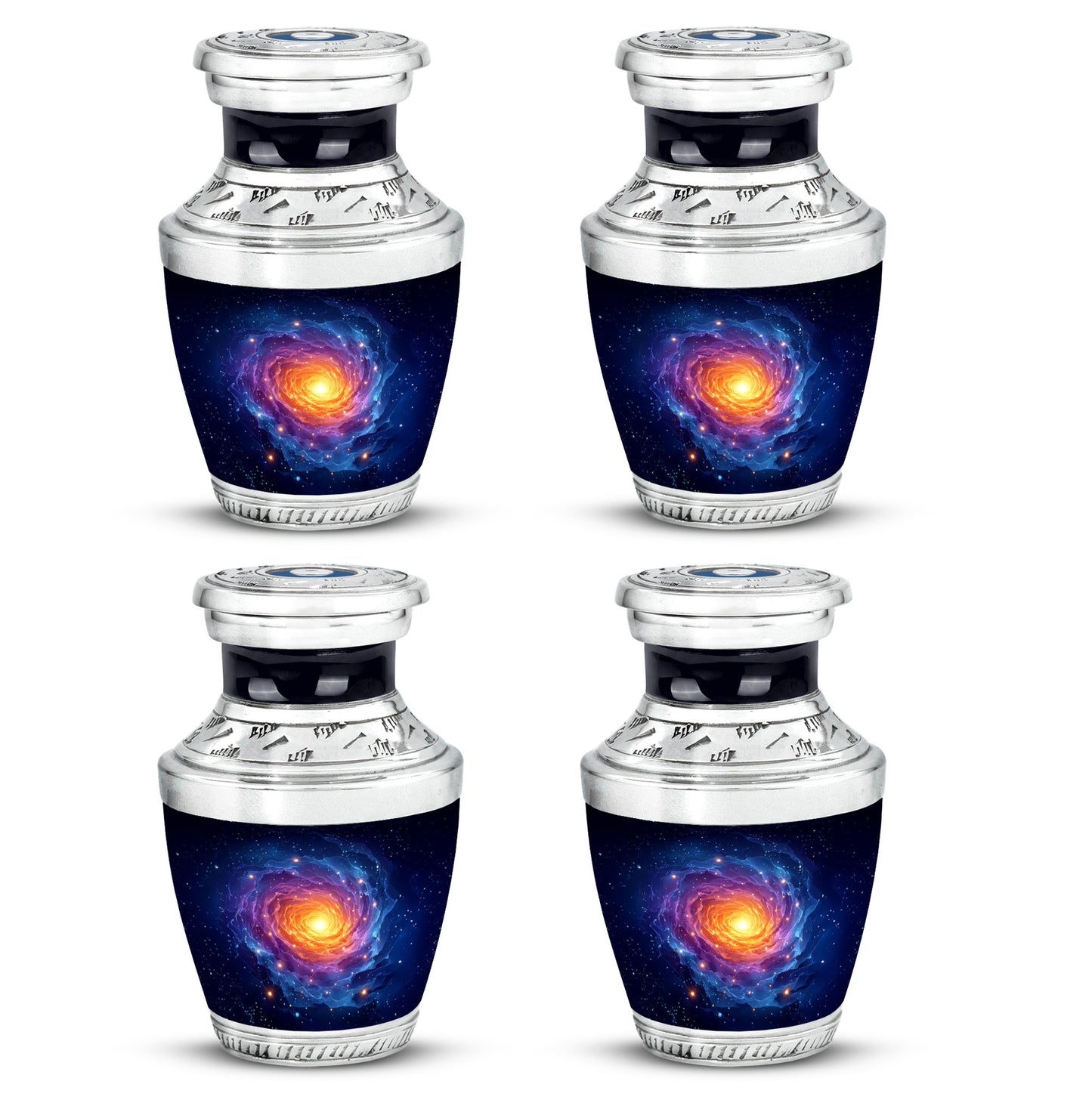 Azure Galaxy Cremation Urn back view with polished surface - contemporary galaxy design with modern artistic flair - 10 inch aluminum urn for cremated remains