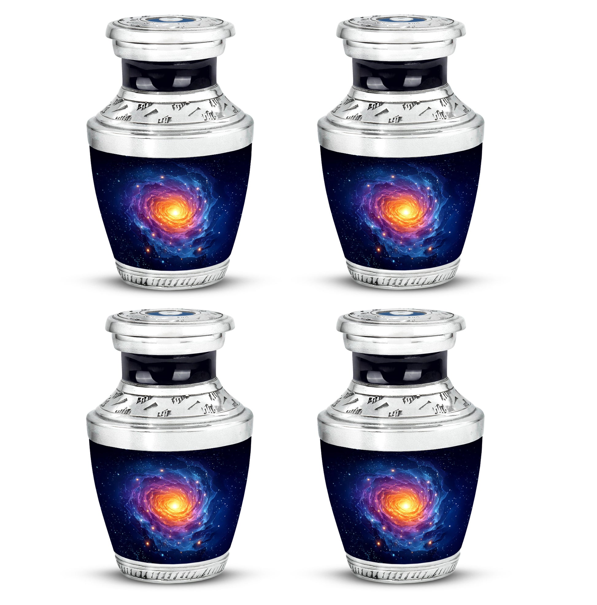 Azure Galaxy Cremation Urn back view with polished surface - contemporary galaxy design with modern artistic flair - 10 inch aluminum urn for cremated remains