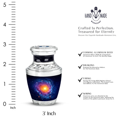 Powder Blue Galaxy Cremation Urn top-down view of secure threaded lid - modern art-inspired galaxy motif on sleek aluminum - mini keepsake memorial for portion of cremation ashes