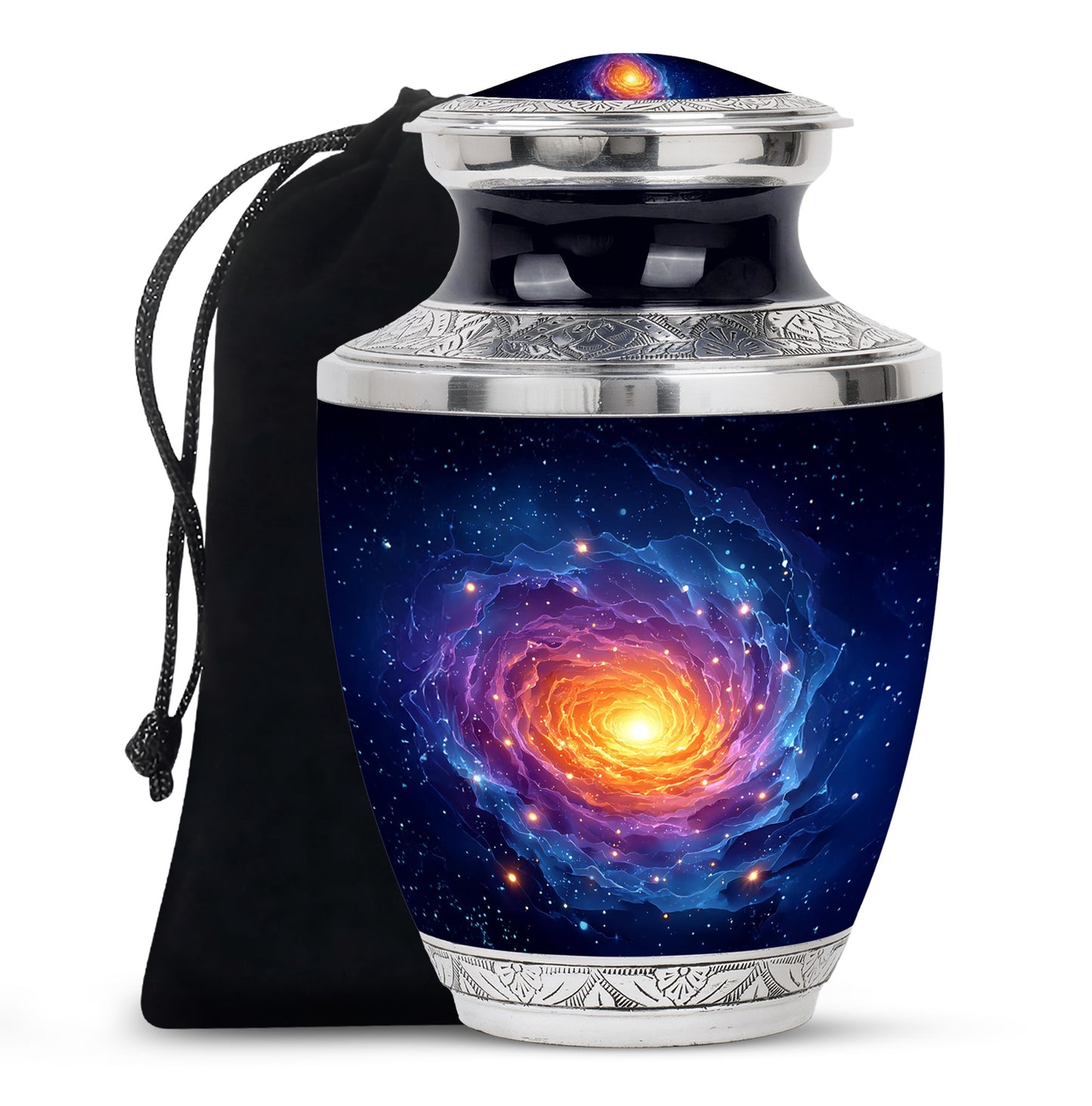 Misty Blue Galaxy Cremation Urn side profile showing urn shape - contemporary galaxy design with modern artistic flair - full-size 10 inch 200 cubic inch adult cremation urn