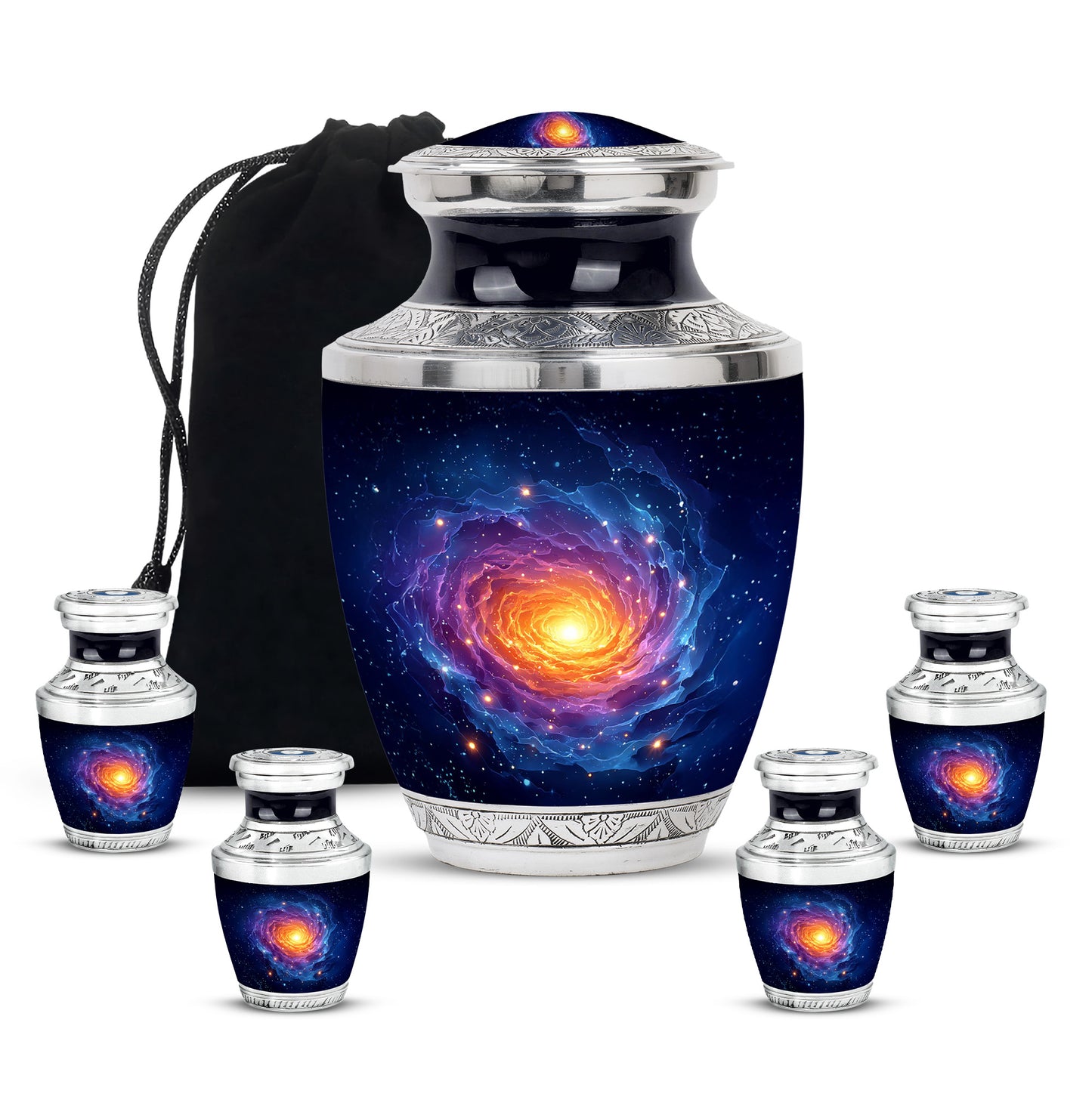 Steel Blue Galaxy Cremation Urn lifestyle display on memorial shelf - artistic galaxy interpretation with creative detail - memorial set with one large and four small urns