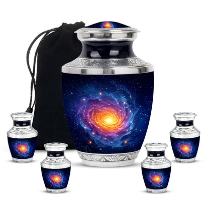 Steel Blue Galaxy Cremation Urn lifestyle display on memorial shelf - artistic galaxy interpretation with creative detail - memorial set with one large and four small urns