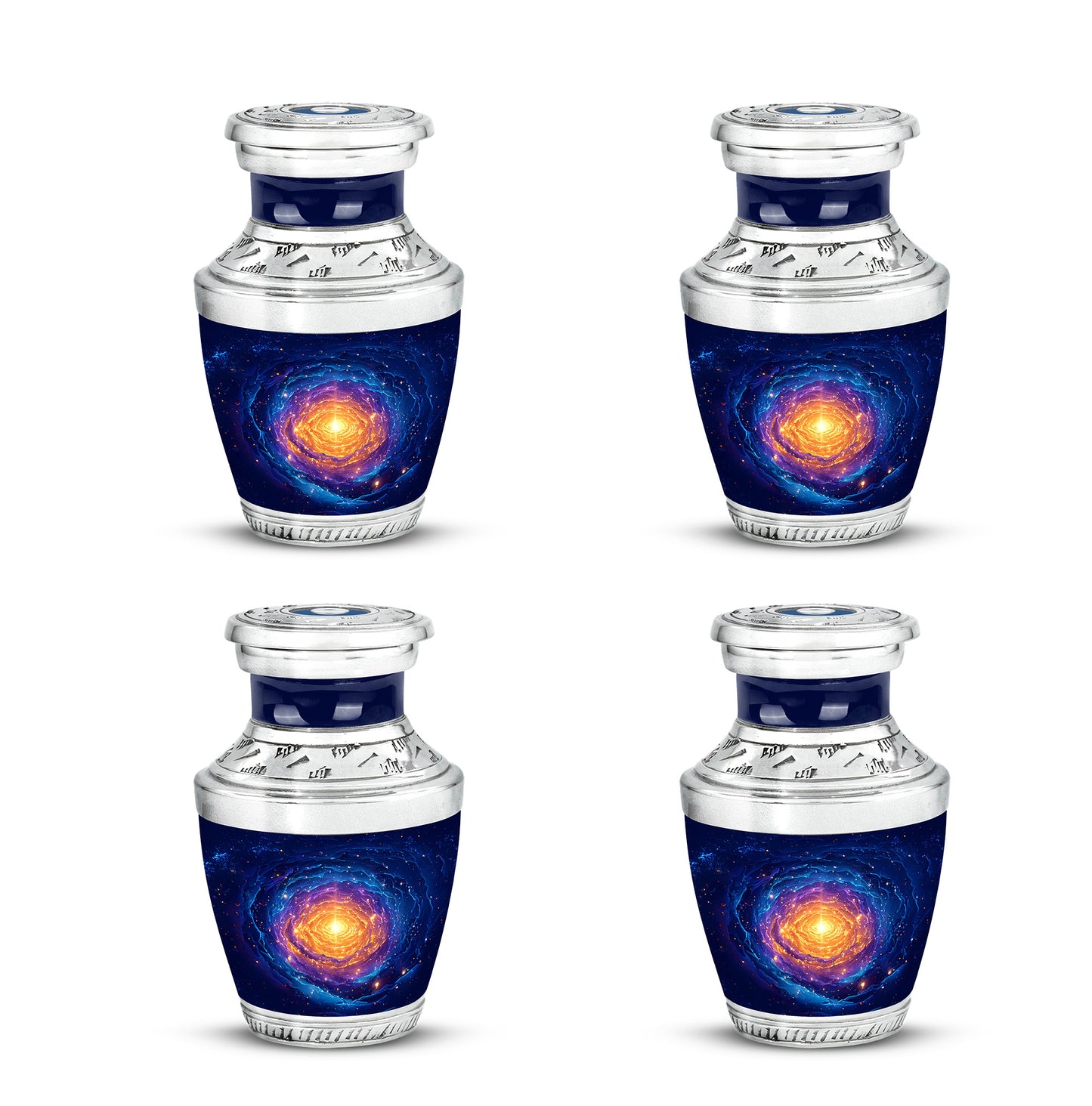 Dusty Blue Galaxy Cremation Urn back view with polished surface - modern art-inspired galaxy motif on sleek aluminum - 10 inch aluminum urn for cremated remains