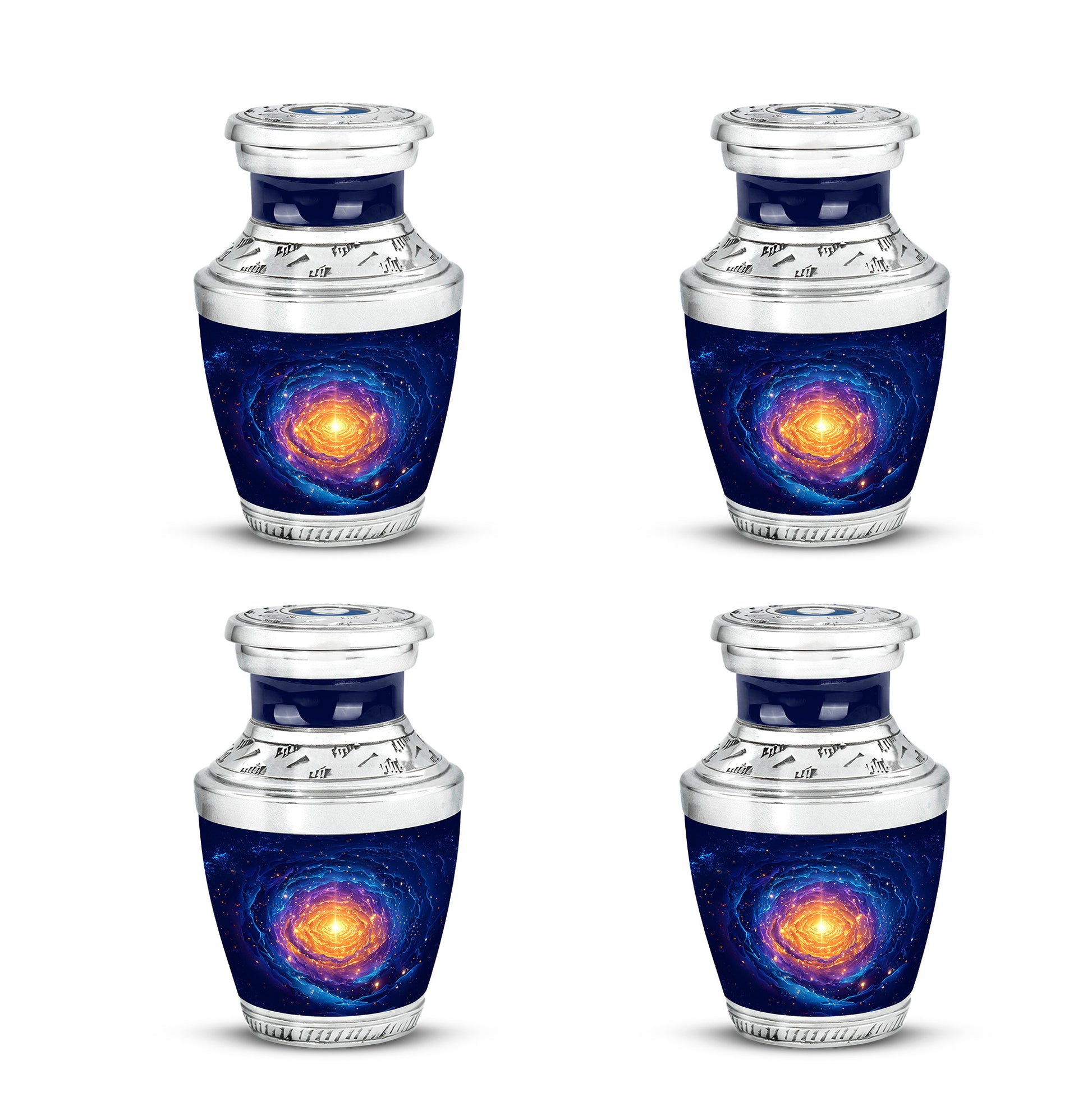 Dusty Blue Galaxy Cremation Urn back view with polished surface - modern art-inspired galaxy motif on sleek aluminum - 10 inch aluminum urn for cremated remains