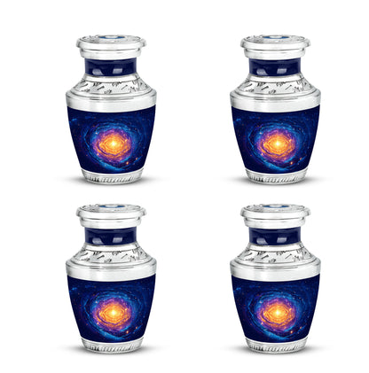 Dusty Blue Galaxy Cremation Urn back view with polished surface - modern art-inspired galaxy motif on sleek aluminum - 10 inch aluminum urn for cremated remains