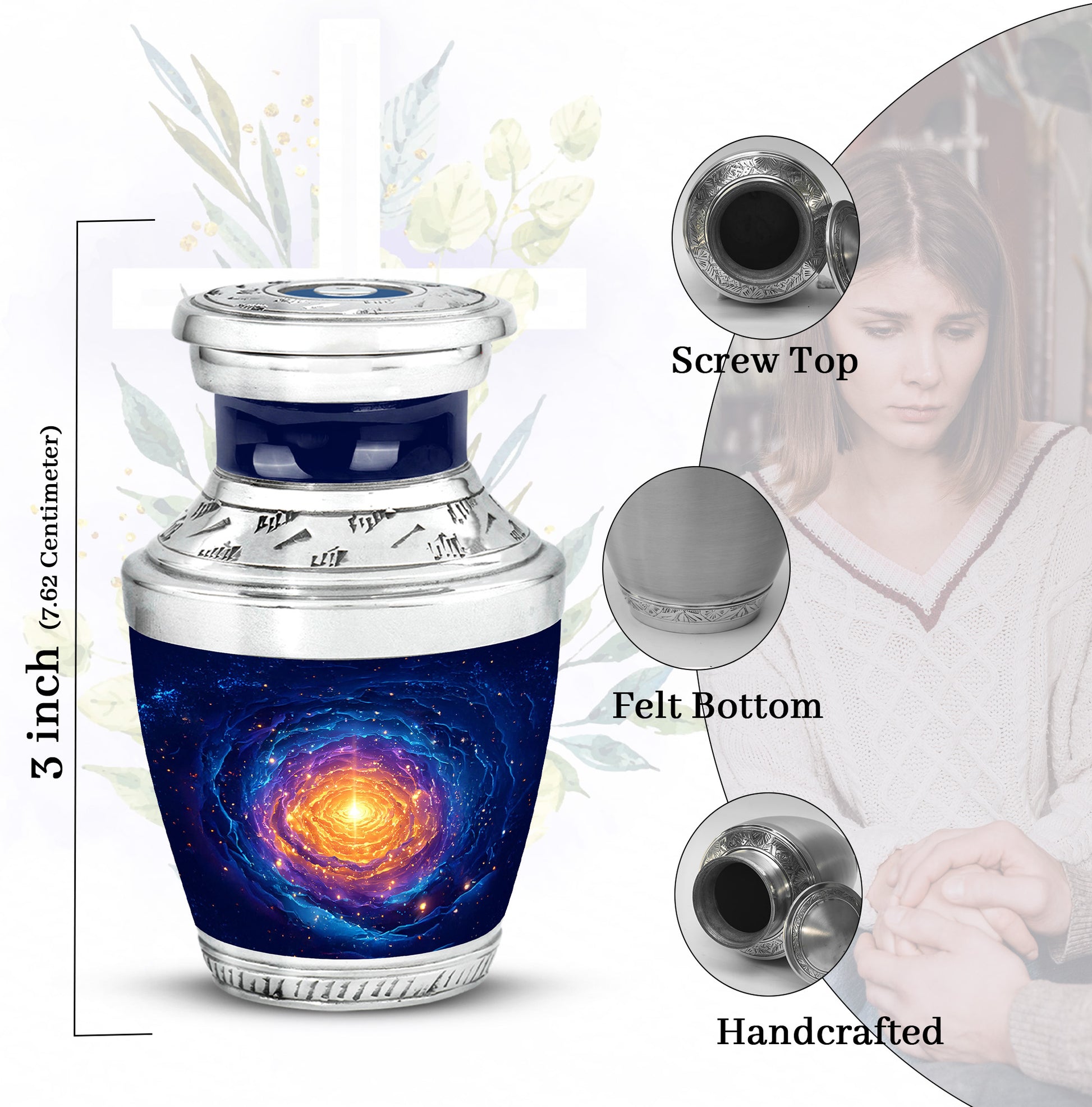 Serene Blue Galaxy Cremation Urn top-down view of secure threaded lid - stylized abstract galaxy pattern with bold lines - mini keepsake memorial for portion of cremation ashes