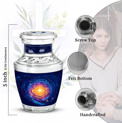 Serene Blue Galaxy Cremation Urn top-down view of secure threaded lid - stylized abstract galaxy pattern with bold lines - mini keepsake memorial for portion of cremation ashes