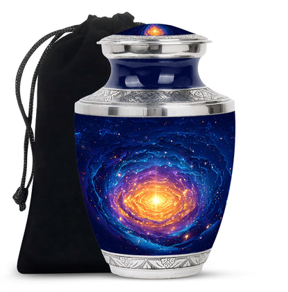 Cornflower Blue Galaxy Cremation Urn side profile showing urn shape - stylized abstract galaxy pattern with bold lines - full-size 10 inch 200 cubic inch adult cremation urn