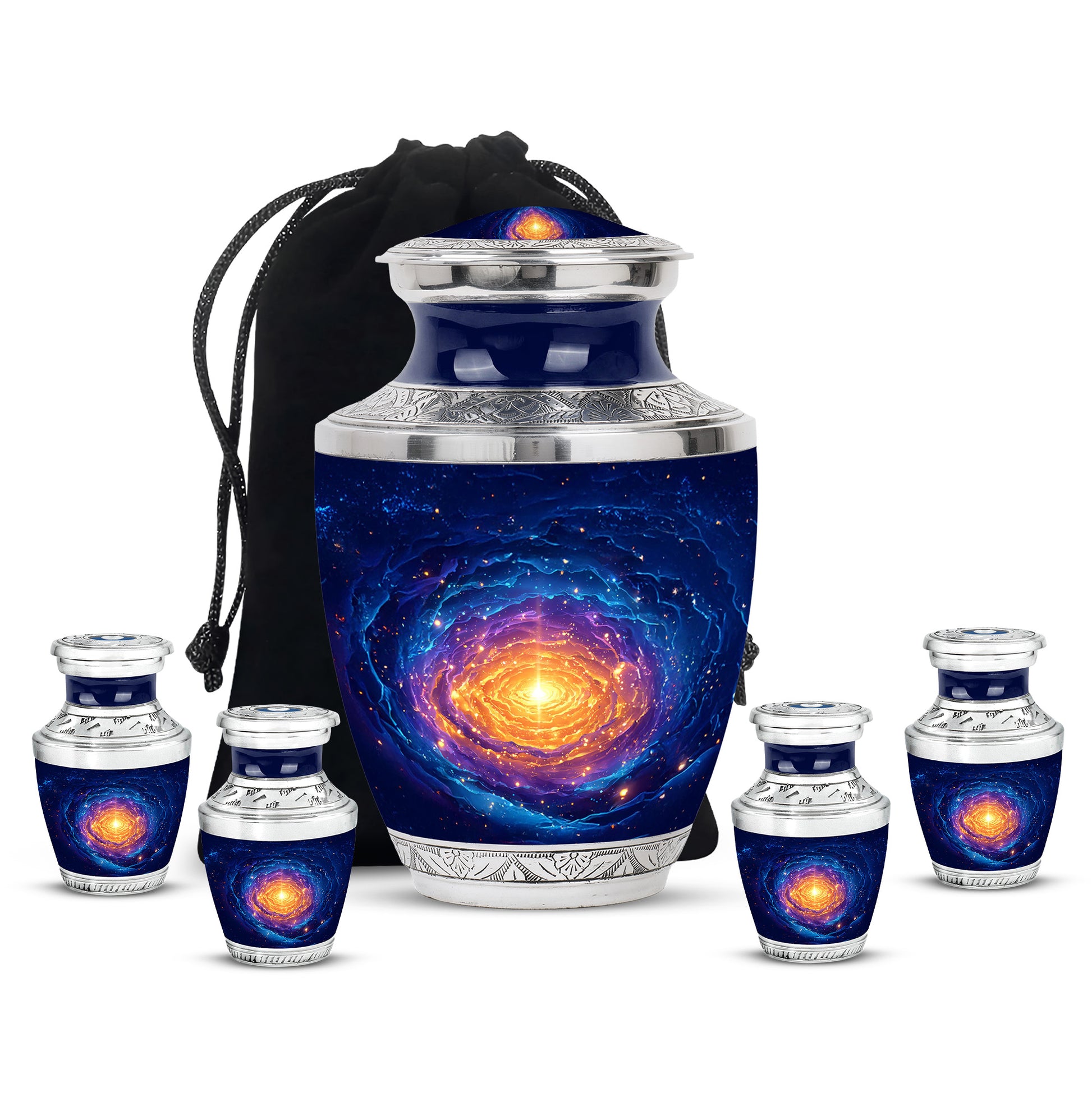 Soft Blue Galaxy Cremation Urn lifestyle display on memorial shelf - artistic galaxy interpretation with creative detail - memorial set with one large and four small urns