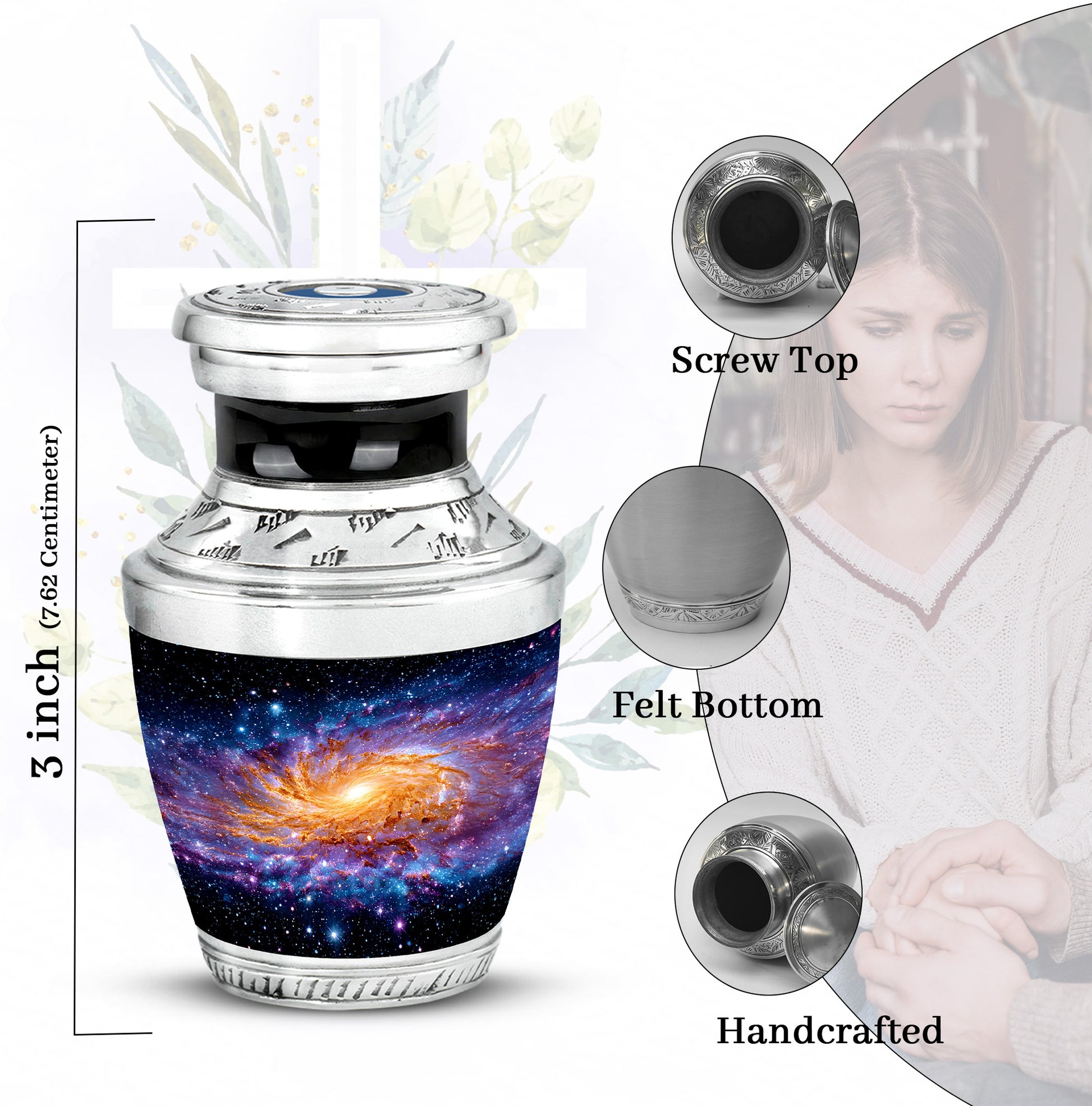 Obsidian Black Galaxy Cremation Urn top-down view of secure threaded lid - artistic galaxy interpretation with creative detail - mini keepsake memorial for portion of cremation ashes