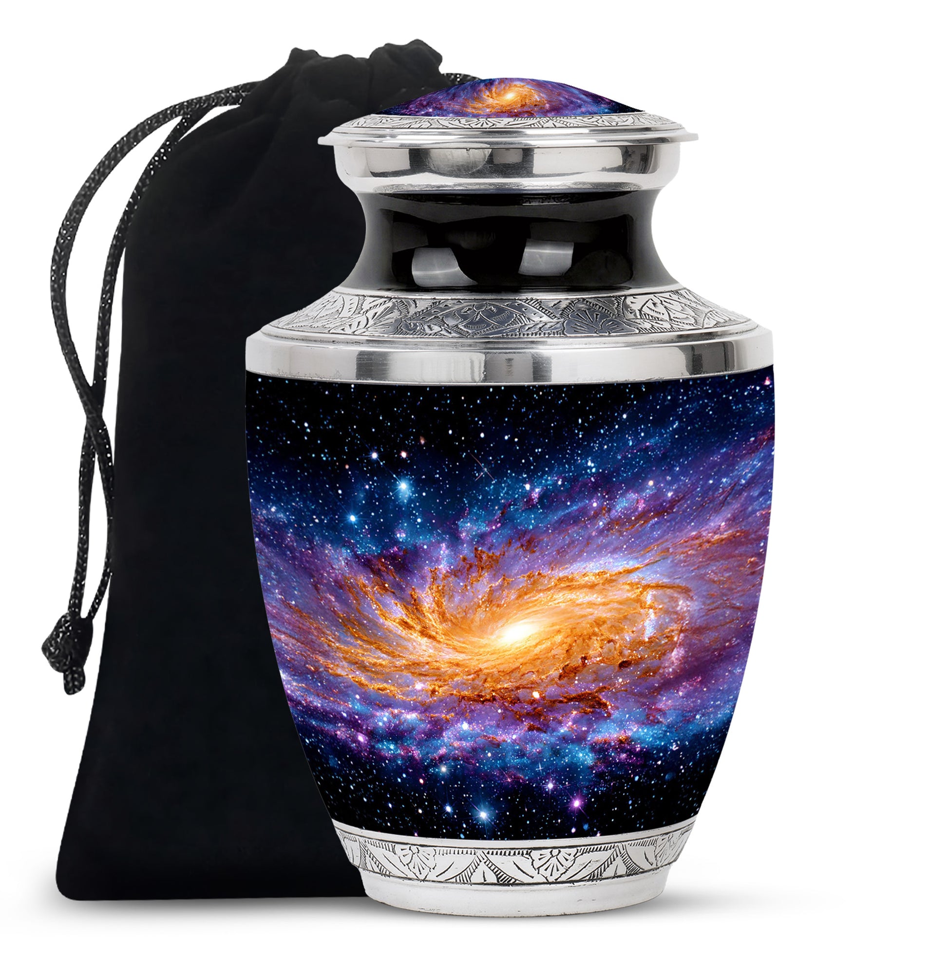 Rich Black Galaxy Cremation Urn side profile showing urn shape - modern art-inspired galaxy motif on sleek aluminum - full-size 10 inch 200 cubic inch adult cremation urn