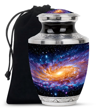 Rich Black Galaxy Cremation Urn side profile showing urn shape - modern art-inspired galaxy motif on sleek aluminum - full-size 10 inch 200 cubic inch adult cremation urn