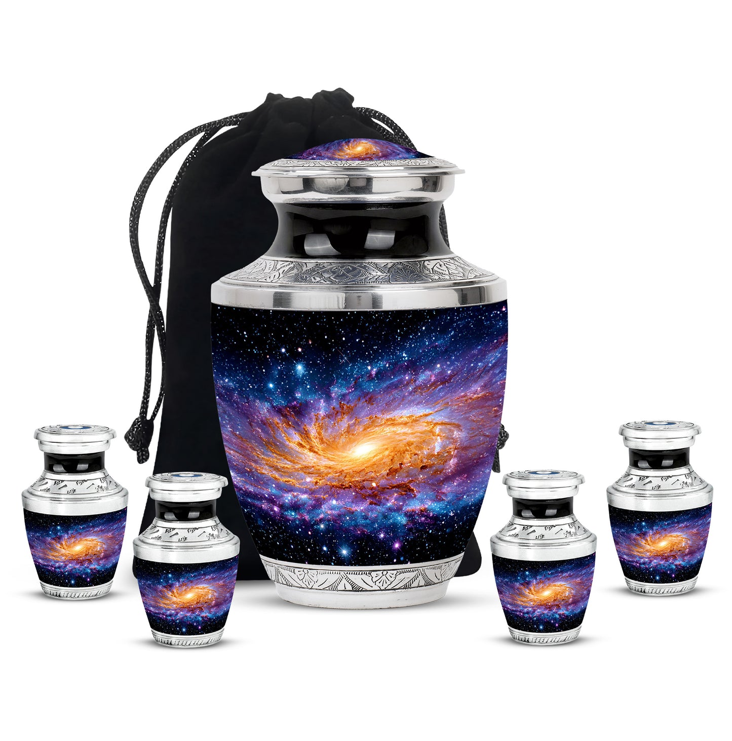 Midnight Black Galaxy Cremation Urn lifestyle display on memorial shelf - artistic galaxy interpretation with creative detail - memorial set with one large and four small urns