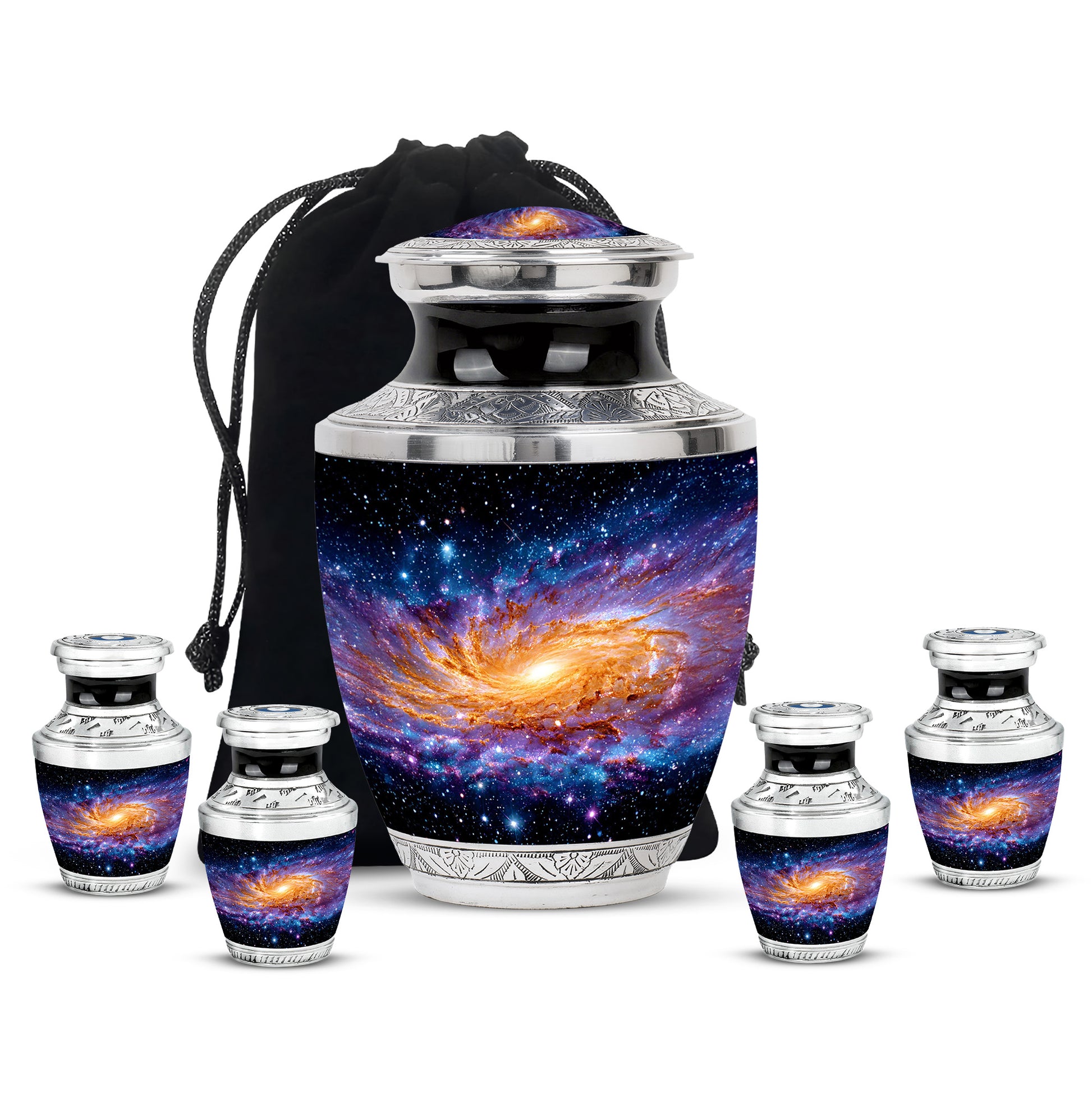 Midnight Black Galaxy Cremation Urn lifestyle display on memorial shelf - artistic galaxy interpretation with creative detail - memorial set with one large and four small urns